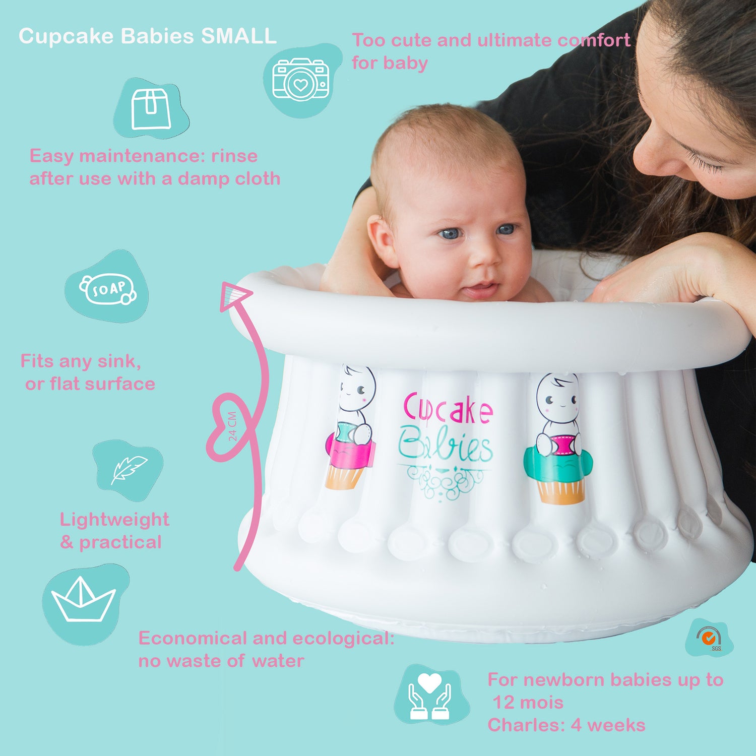 Cupcake Babies Small Bath White &amp; travel pouch &amp; inflator (suitable from birth up to 1 year)